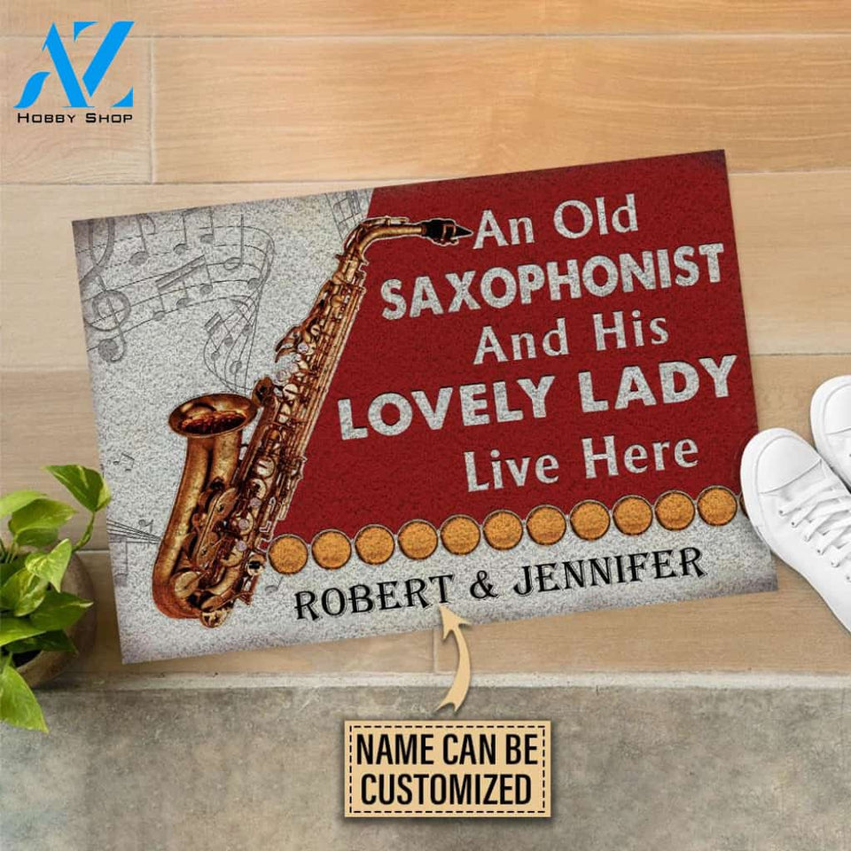 Personalized Saxophone Old Couple Live Here Red Customized Doormat