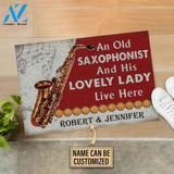 Personalized Saxophone Old Couple Live Here Red Customized Doormat