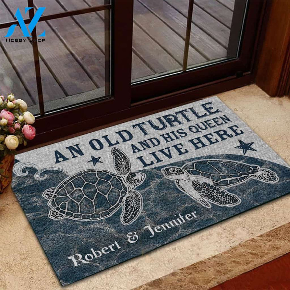 Personalized Sea Turtle Couple Live Here Funny Indoor And Outdoor Doormat Gift For Couple Wife Husband Decor Warm House Gift Welcome Mat