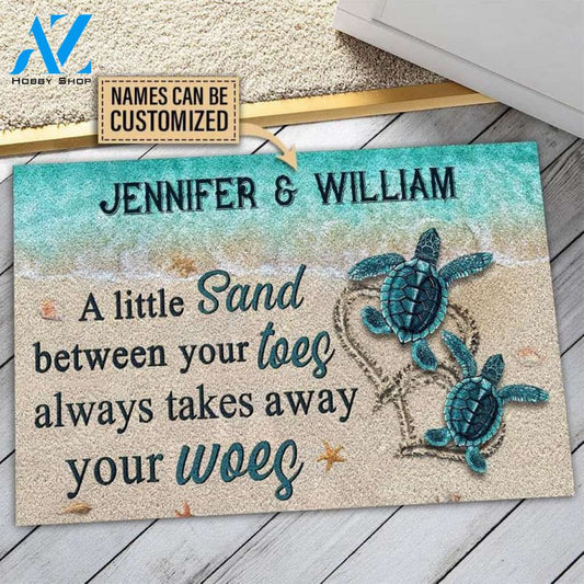 Personalized Sea Turtle Family A Little Sand Custom Doormat, Home Decor, Couple Door Mat, Housewarming Gift