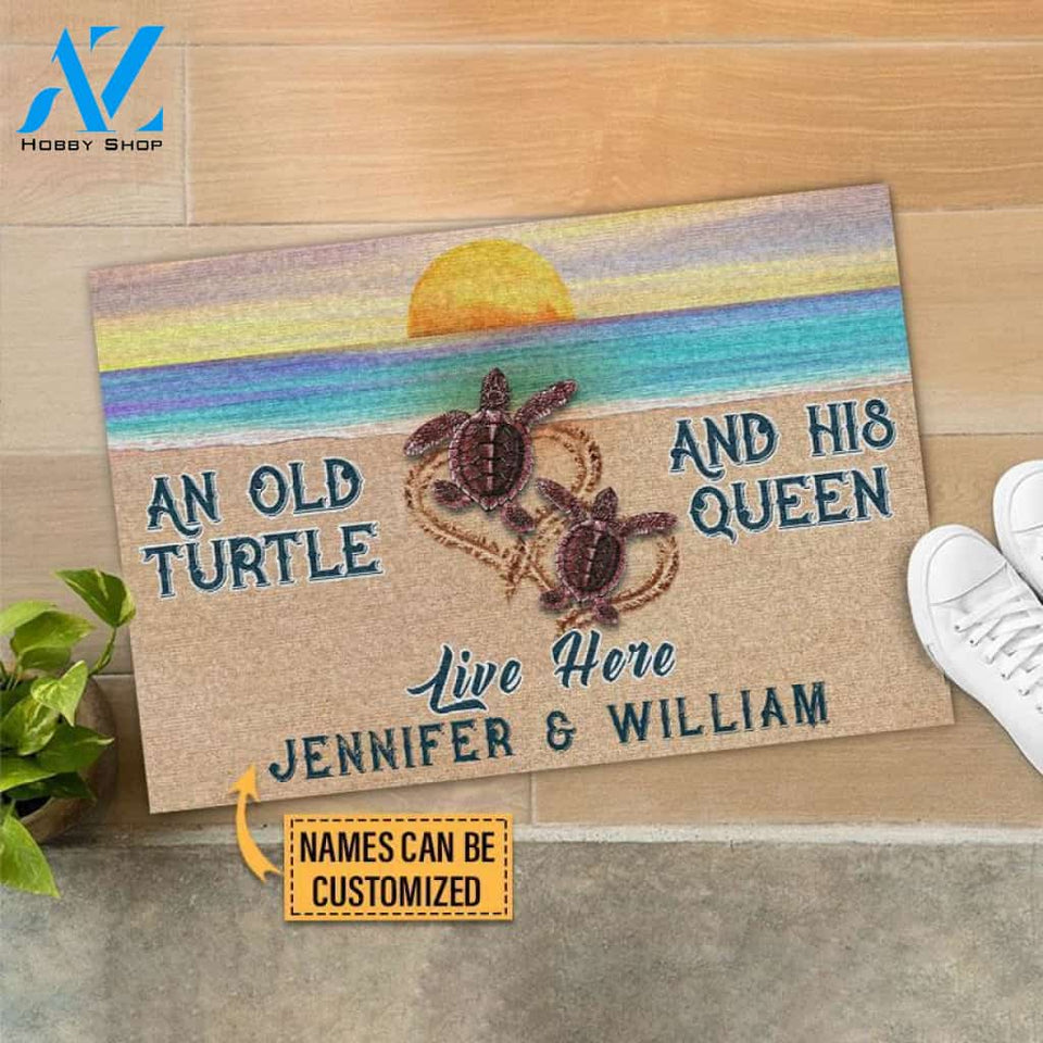 Personalized Sea Turtle Sunset Old Turtle Live Here Funny Indoor And Outdoor Doormat Gift For Couple Wife Husband Decor Warm House Gift Welcome Mat