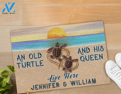 Personalized Sea Turtle Sunset Old Turtle Live Here Funny Indoor And Outdoor Doormat Gift For Couple Wife Husband Decor Warm House Gift Welcome Mat