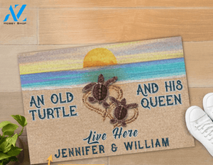 Personalized Sea Turtle Sunset Old Turtle Live Here Funny Indoor And Outdoor Doormat Gift For Couple Wife Husband Decor Warm House Gift Welcome Mat