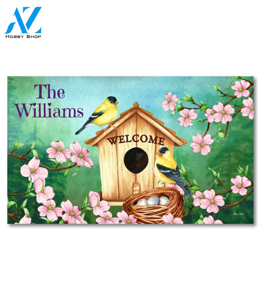 Personalized Spring Goldfinch Birdhouse Doormat - 18" x 30"