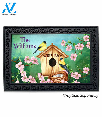Personalized Spring Goldfinch Birdhouse Doormat - 18" x 30"