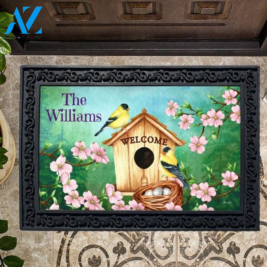 Personalized Spring Goldfinch Birdhouse Doormat - 18" x 30"