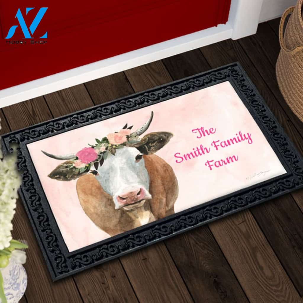 Personalized Spring on the Farm Cow Doormat - 18" x 30"