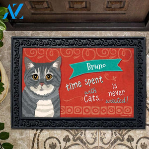 Personalized Time Spent with Cats Gray Tabby Cat Doormat - 18" x 30"
