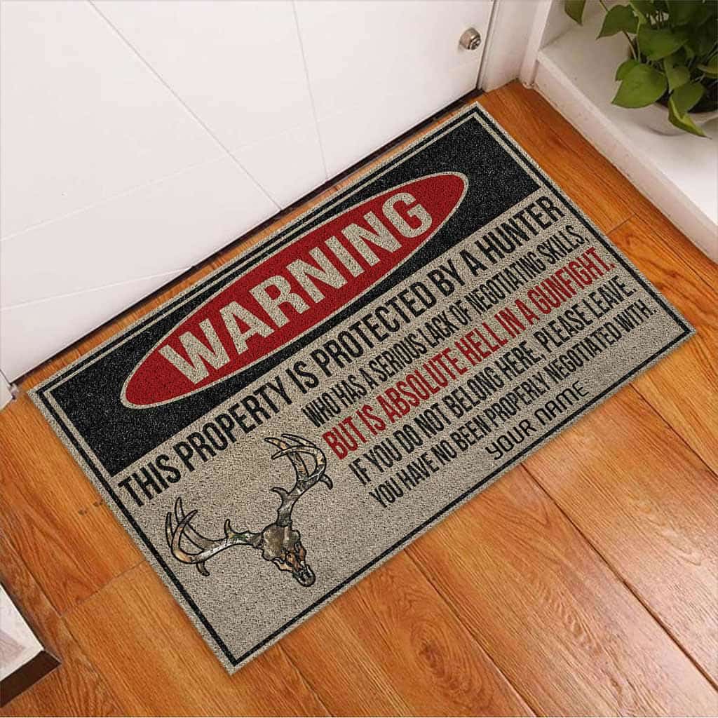 Personalized Warning Protected By Hunter Custom Name Doormat Welcome Mat