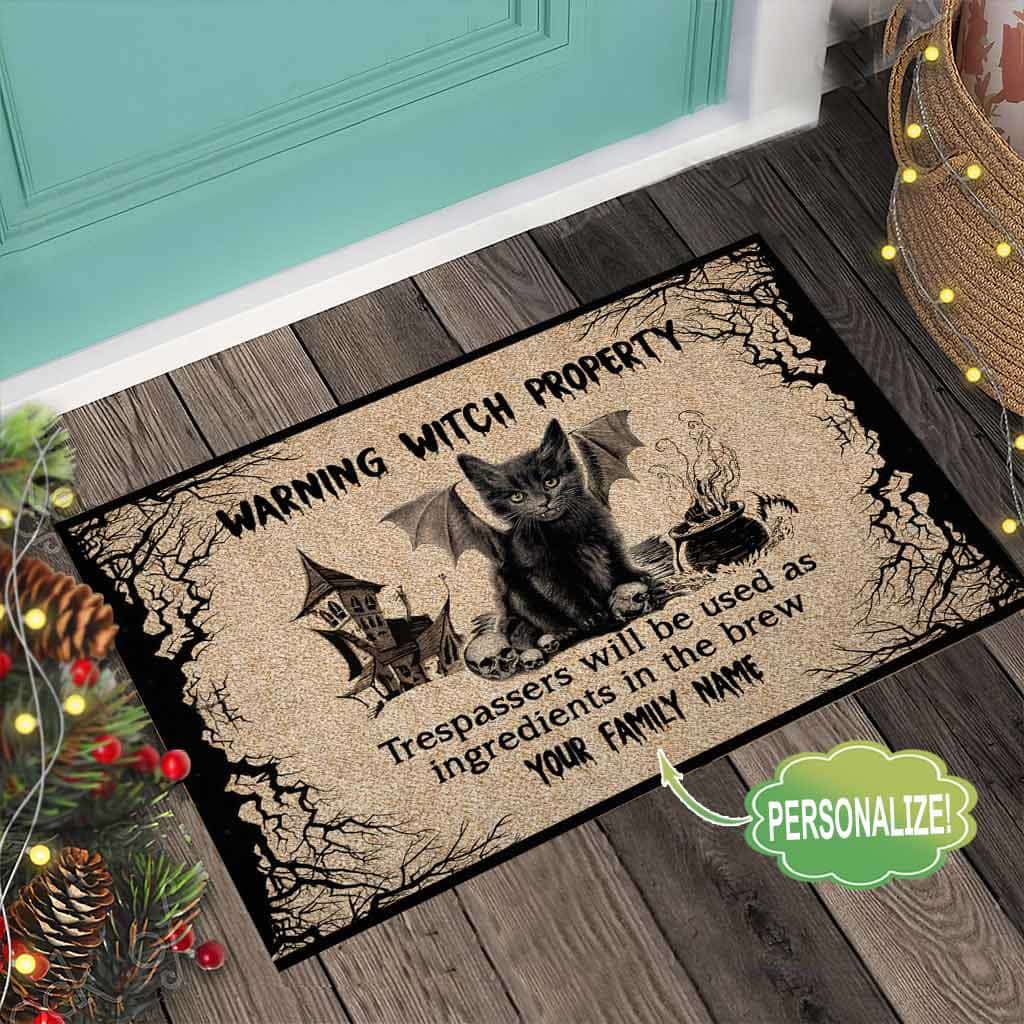 Personalized Warning Witch Property Cat Custom Name Halloween Doormat Welcome Mat
