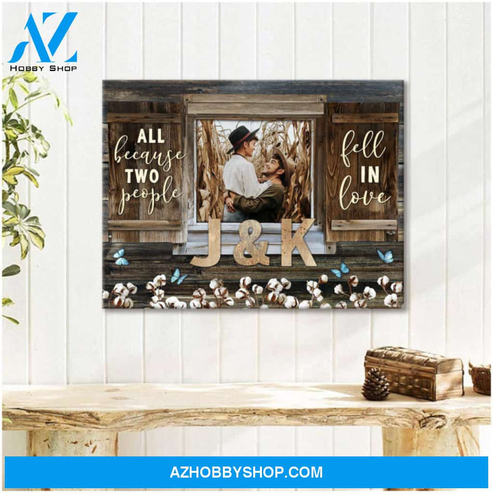 Personalized Wedding Present Rustic Window With Cotton Flowers Canvas Print