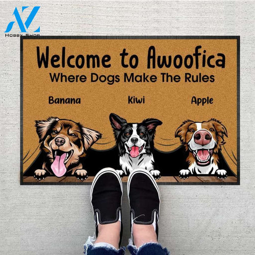 Personalized Welcome To Awoofica Dog Doormat With Anti-slip Rubber, Dog Breeds & Text Can Change, Funny Welcome Doormat, Non-Woven Fabric Doormat