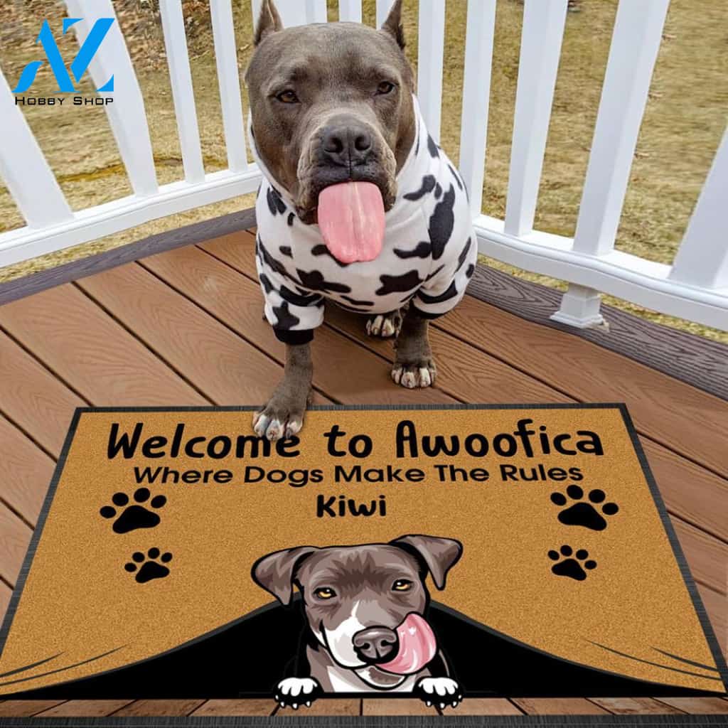 Gosszy - Personalized Welcome To Awoofica Dog Doormat With Anti-slip Rubber, Dog Breeds & Text Can Change, Funny Welcome Doormat, Non-Woven Fabric Doormat
