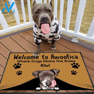 Gosszy - Personalized Welcome To Awoofica Dog Doormat With Anti-slip Rubber, Dog Breeds & Text Can Change, Funny Welcome Doormat, Non-Woven Fabric Doormat