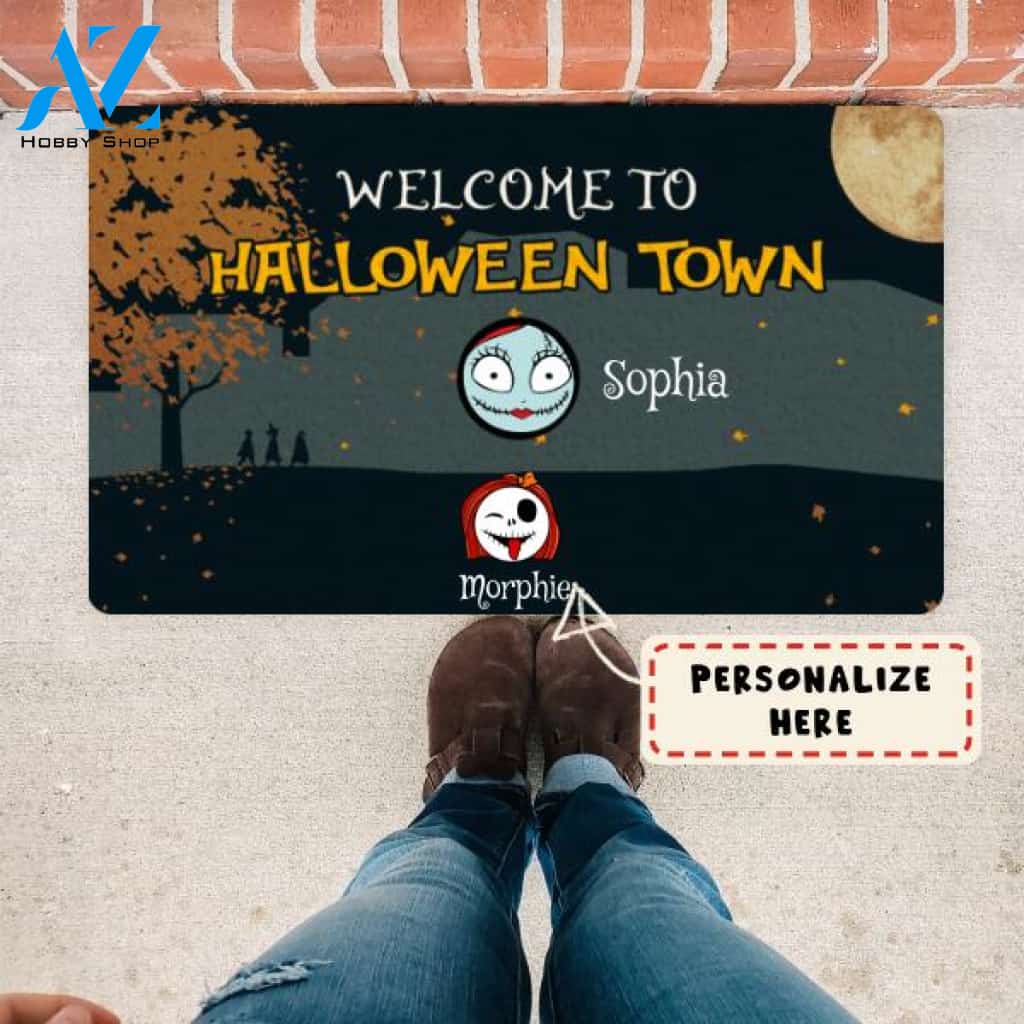 Personalized Welcome to Halloween Town Kids Doormat, Custom Up To 6 Kids