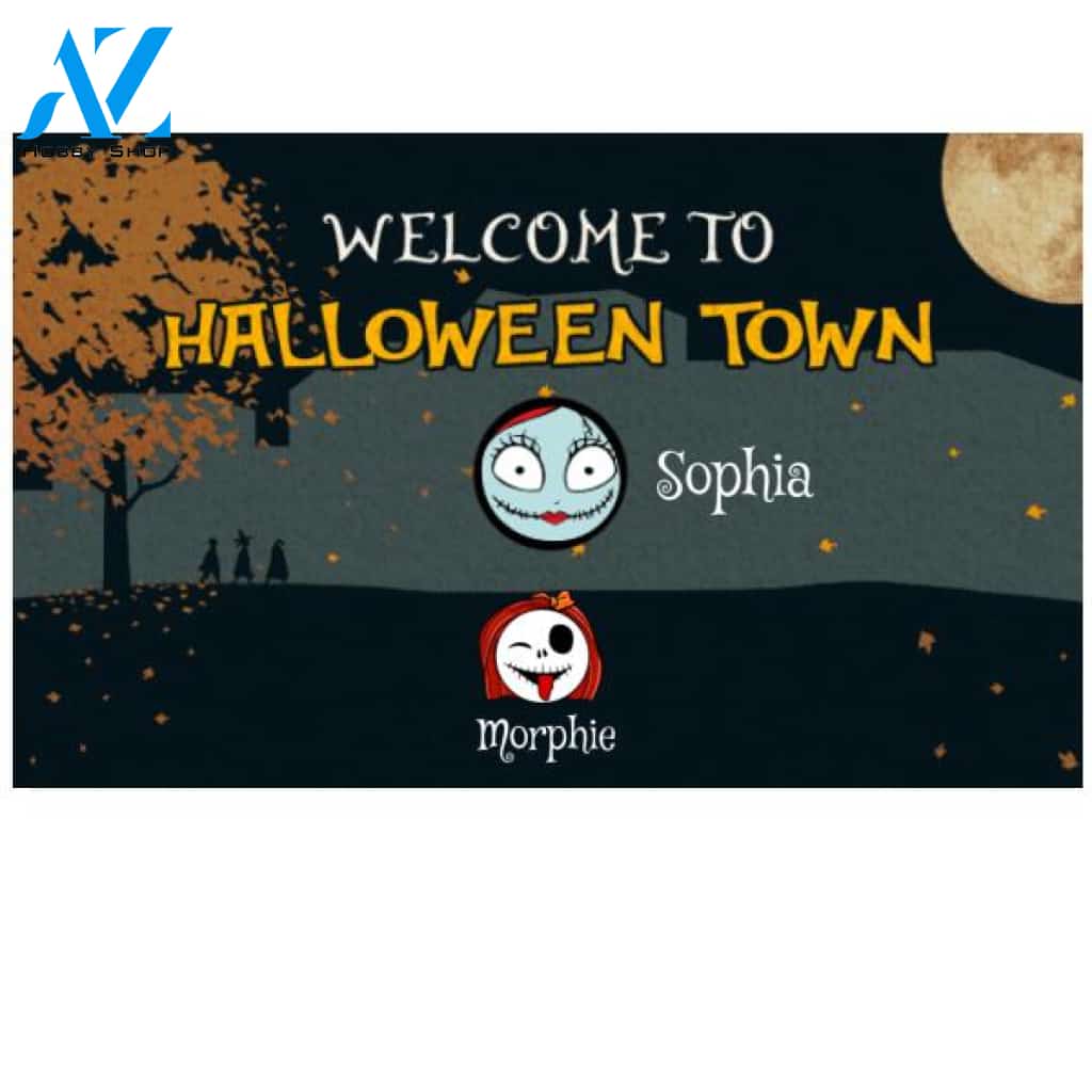 Personalized Welcome to Halloween Town Kids Doormat, Custom Up To 6 Kids