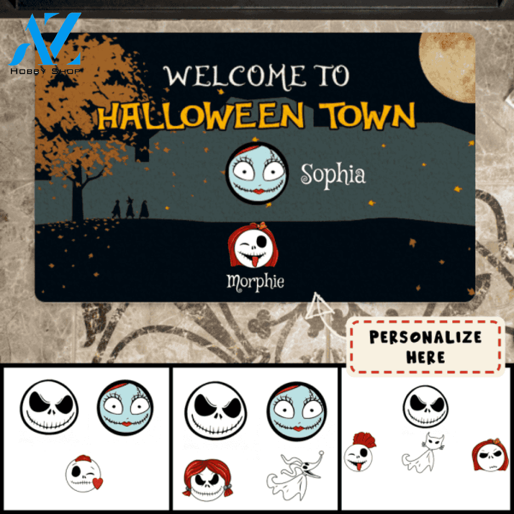 Personalized Welcome to Halloween Town Kids Doormat, Custom Up To 6 Kids