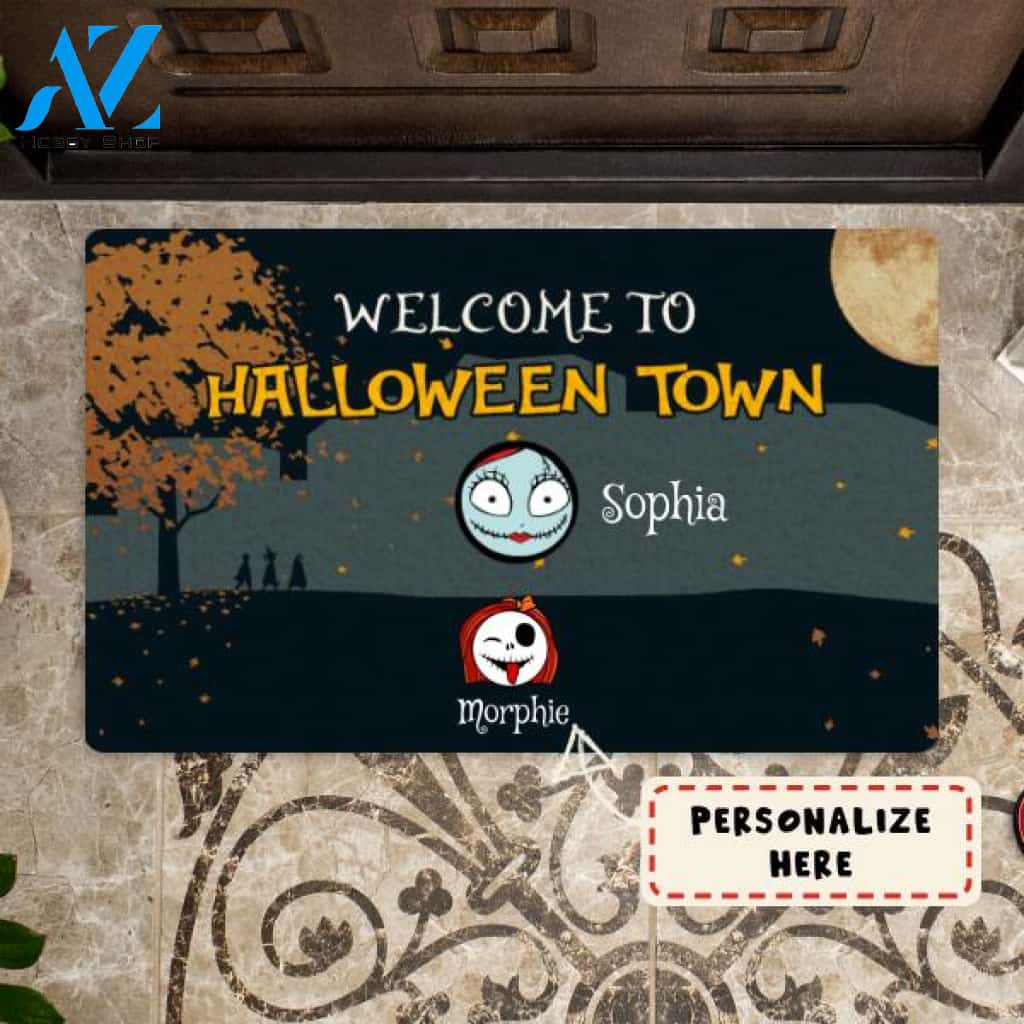 Personalized Welcome to Halloween Town Kids Doormat, Custom Up To 6 Kids