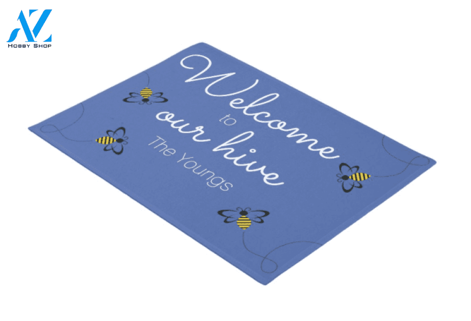 Personalized Welcome to Our Hive Bee in Blue Background Insect Doormat Indoor and Outdoor Doormat Entrance Rug Sweet Home Decor Housewarming Gift Gift for Bee Lovers Insect Lovers Gift Idea