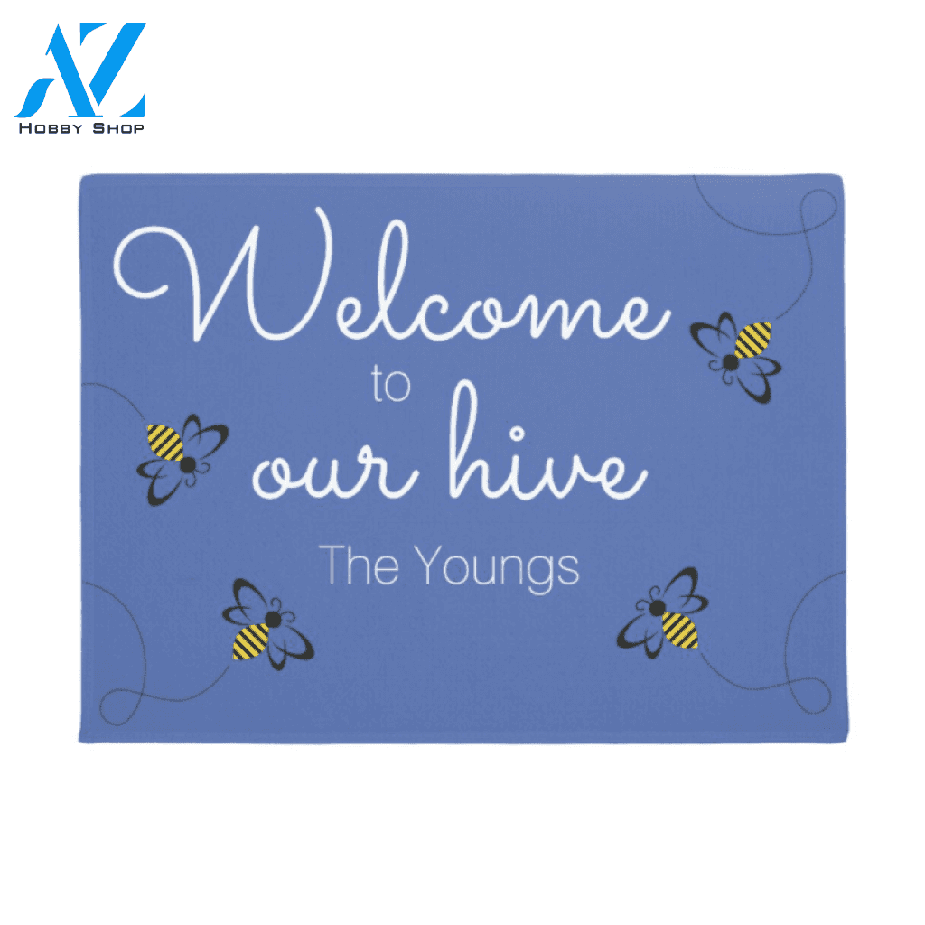Personalized Welcome to Our Hive Bee in Blue Background Insect Doormat Indoor and Outdoor Doormat Entrance Rug Sweet Home Decor Housewarming Gift Gift for Bee Lovers Insect Lovers Gift Idea
