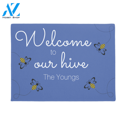 Personalized Welcome to Our Hive Bee in Blue Background Insect Doormat Indoor and Outdoor Doormat Entrance Rug Sweet Home Decor Housewarming Gift Gift for Bee Lovers Insect Lovers Gift Idea