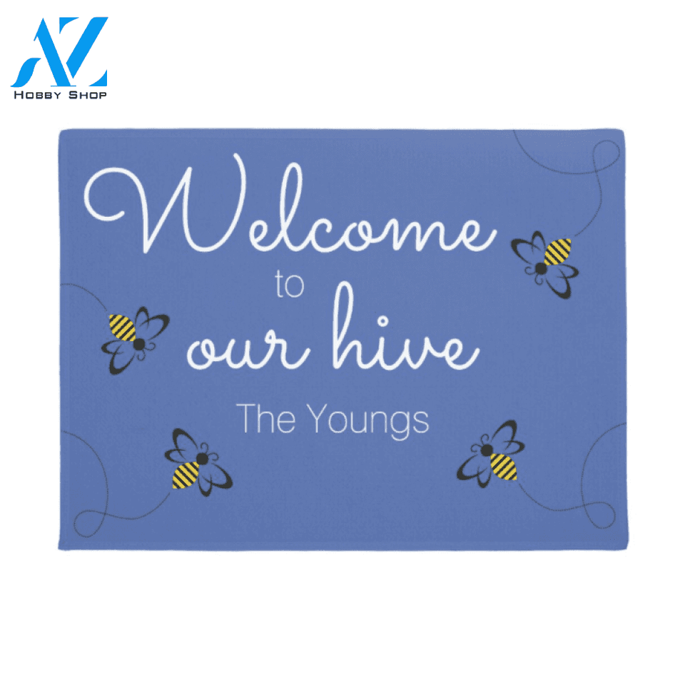 Personalized Welcome to Our Hive Bee in Blue Background Insect Doormat Indoor and Outdoor Doormat Entrance Rug Sweet Home Decor Housewarming Gift Gift for Bee Lovers Insect Lovers Gift Idea