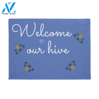 Personalized Welcome to Our Hive Bee in Blue Background Insect Doormat Indoor and Outdoor Doormat Entrance Rug Sweet Home Decor Housewarming Gift Gift for Bee Lovers Insect Lovers Gift Idea