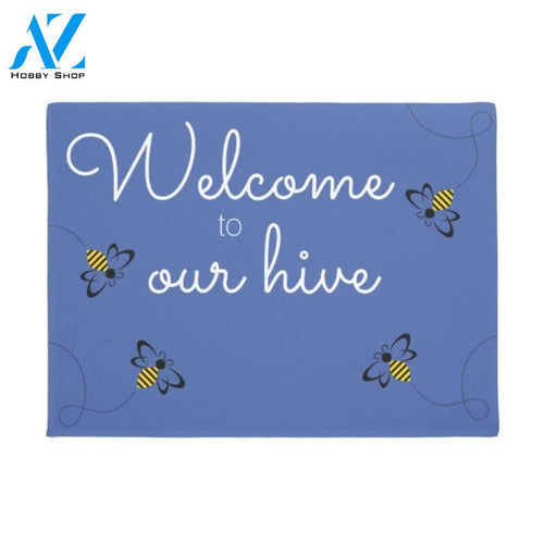 Personalized Welcome to Our Hive Bee in Blue Background Insect Doormat Indoor and Outdoor Doormat Entrance Rug Sweet Home Decor Housewarming Gift Gift for Bee Lovers Insect Lovers Gift Idea