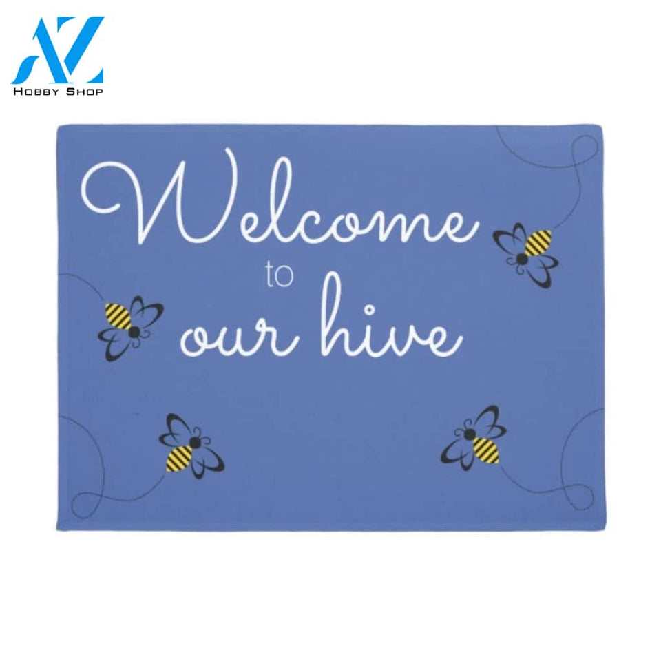 Personalized Welcome to Our Hive Bee in Blue Background Insect Doormat Indoor and Outdoor Doormat Entrance Rug Sweet Home Decor Housewarming Gift Gift for Bee Lovers Insect Lovers Gift Idea