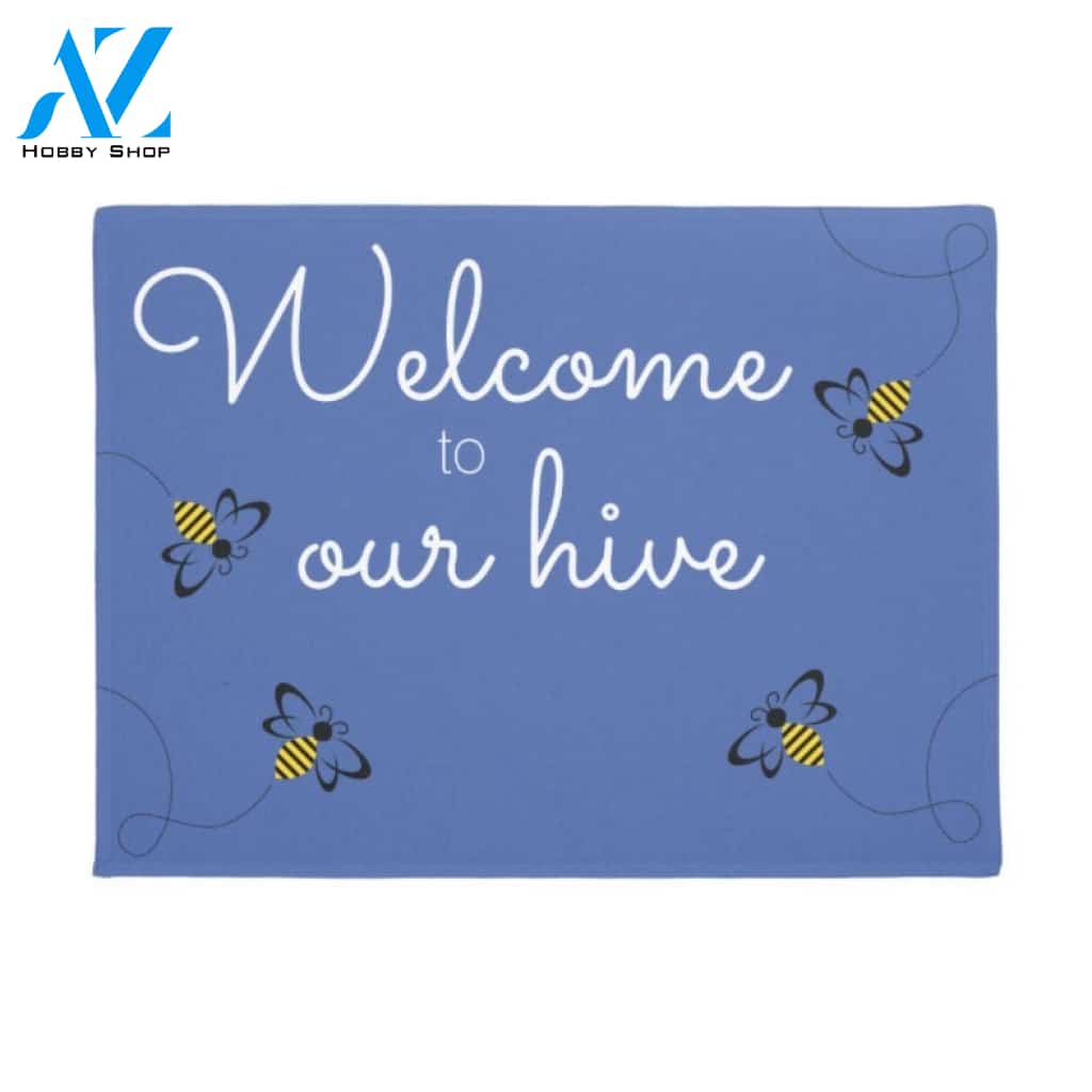 Personalized Welcome to Our Hive Bee in Blue Background Insect Doormat Indoor and Outdoor Doormat Entrance Rug Sweet Home Decor Housewarming Gift Gift for Bee Lovers Insect Lovers Gift Idea
