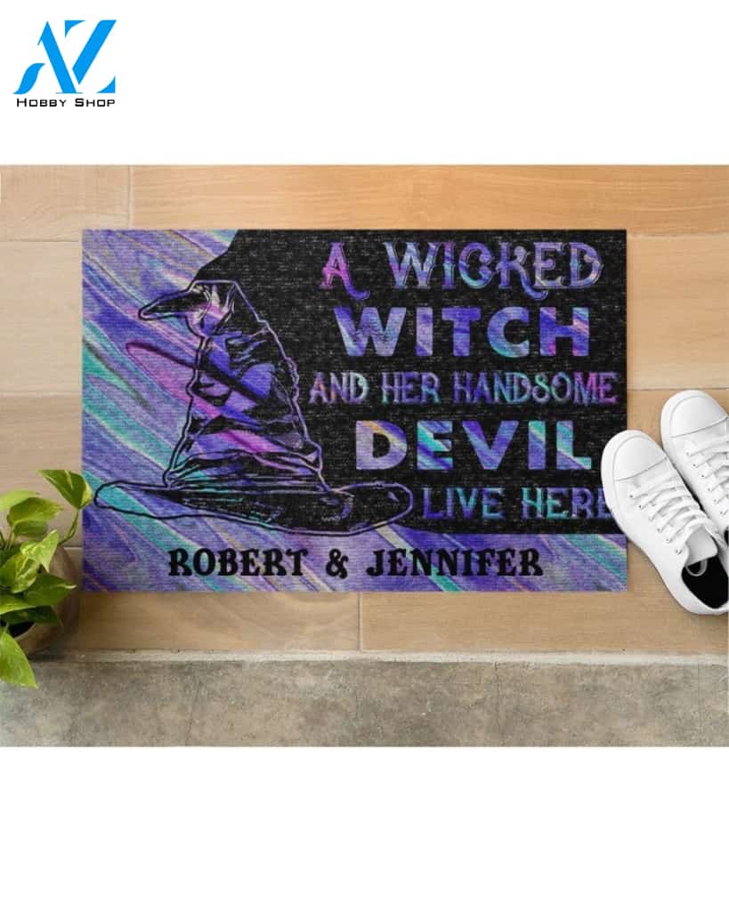 Personalized Wicked Witch Devil Live Here Funny Indoor And Outdoor Doormat Warm House Gift Welcome Mat Birthday Gift For Halloween