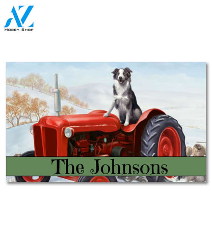 Personalized Winter Tractor and Collie Doormat - 18" x 30"
