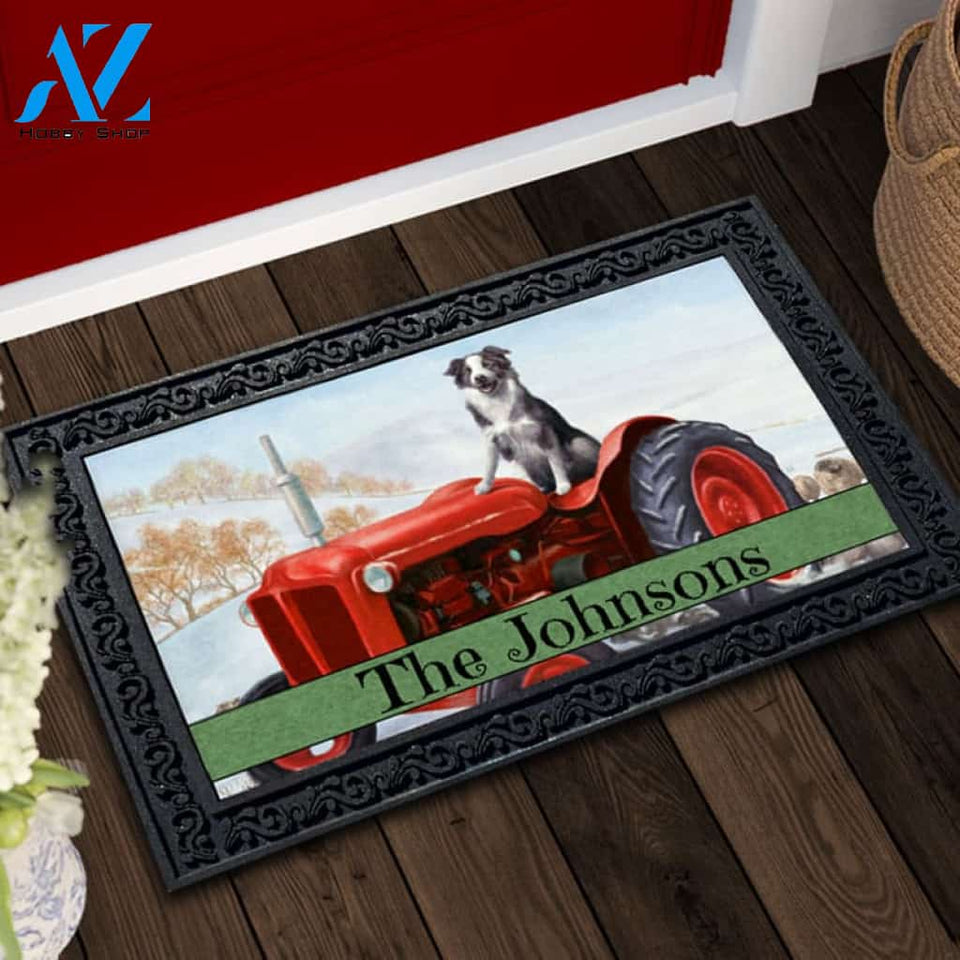 Personalized Winter Tractor and Collie Doormat - 18" x 30"