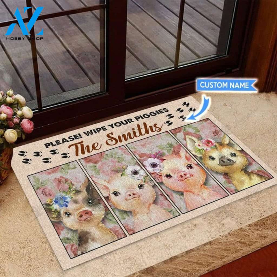 Personalized Wipe Your Piggies Baby Piggy Floral Animal Doormat Welcome Mat Farm Rug Farmer House Decor Housewarming Gift Gift for Famer Friend for Pig Lover Farm Animal Lovers