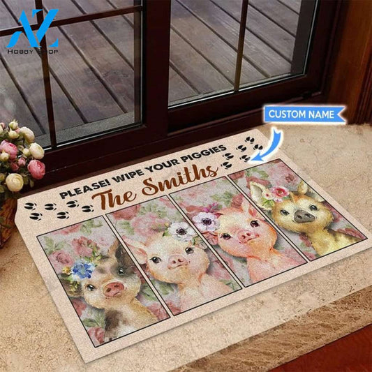 Personalized Wipe Your Piggies Baby Piggy Floral Animal Doormat Welcome Mat Farm Rug Farmer House Decor Housewarming Gift Gift for Famer Friend Family Gift for Pig Lover Farm Animal Lovers