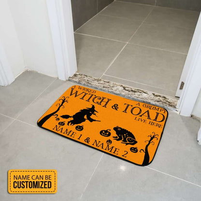 Personalized Witch And Toad Live Here Custom Name Halloween Spooky Doormat Welcome Mat