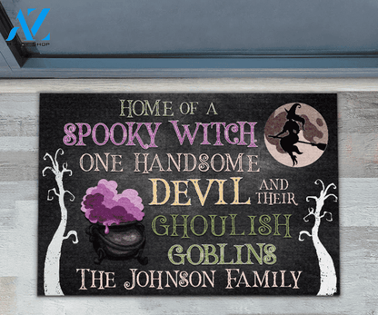 Personalized Witch Handsome Devil And Their Goblins Funny Halloween Doormat Gift For Friend Family Home Decor Warm House Gift Welcome Mat, Birthday Gift