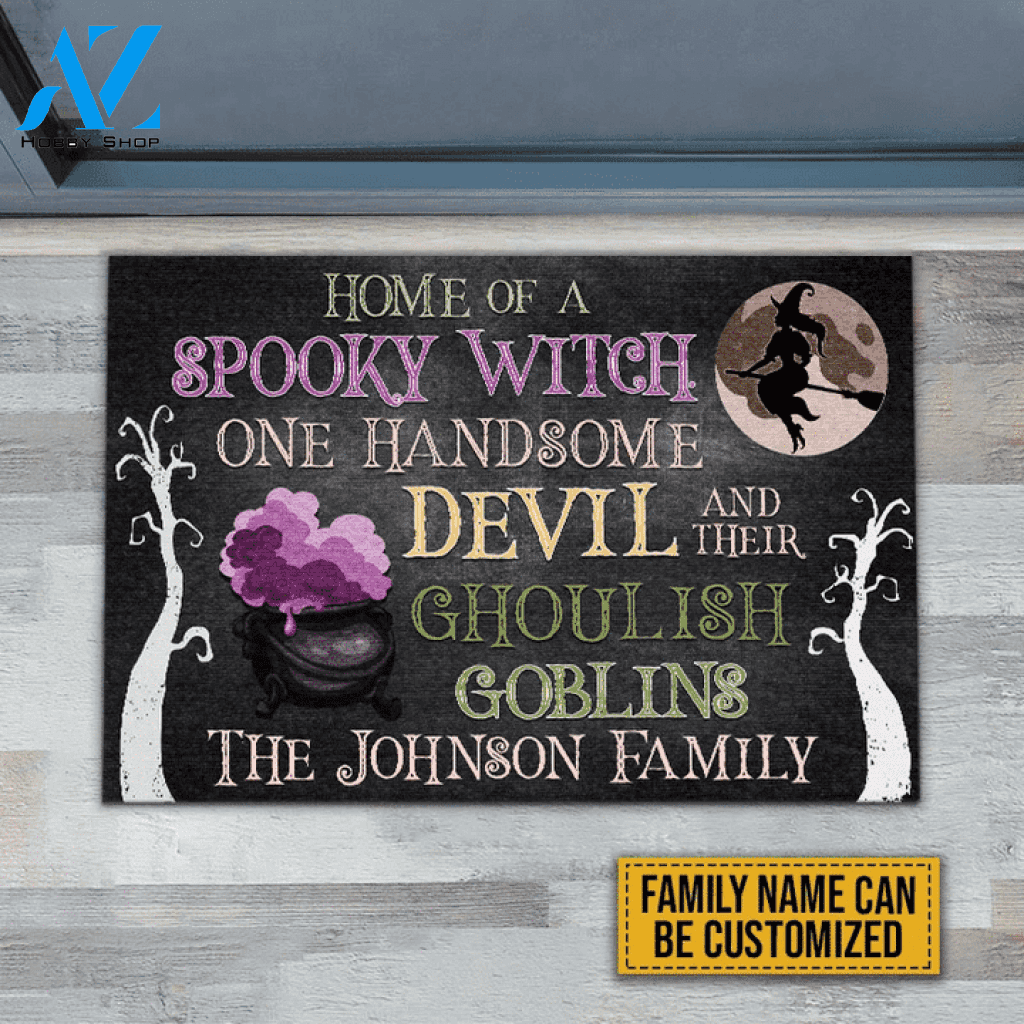 Personalized Witch Handsome Devil And Their Goblins Funny Halloween Doormat Gift For Friend Family Home Decor Warm House Gift Welcome Mat, Birthday Gift