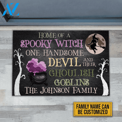 Personalized Witch Handsome Devil And Their Goblins Funny Halloween Doormat Gift For Friend Family Home Decor Warm House Gift Welcome Mat, Birthday Gift