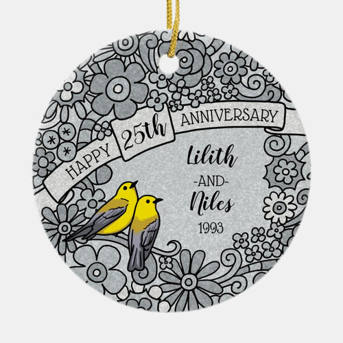 Personalized 25Th Anniversary, Silver Floral Birds Ceramic Ornament