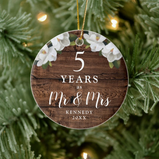 Personalized 5 Year Wood Anniversary Mr & Mrs Gift Ceramic Ornament