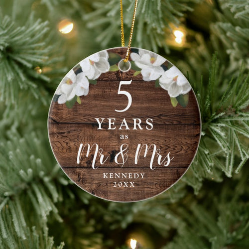 Personalized 5 Year Wood Anniversary Mr & Mrs Gift Ceramic Ornament