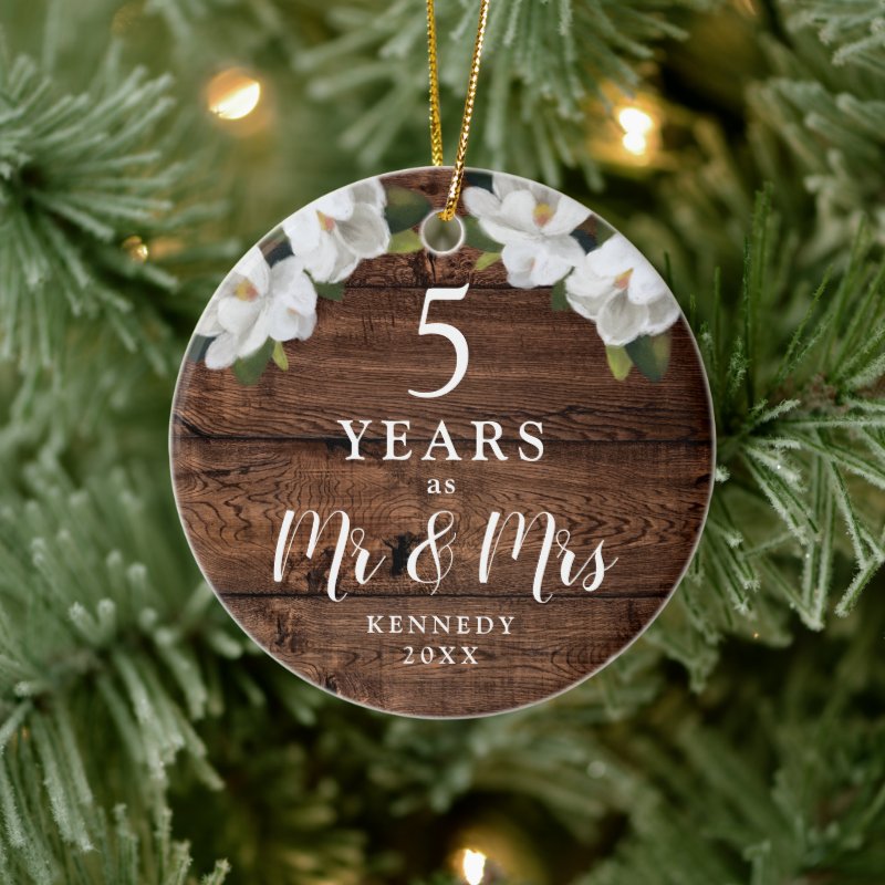 Personalized 5 Year Wood Anniversary Mr & Mrs Gift Ceramic Ornament