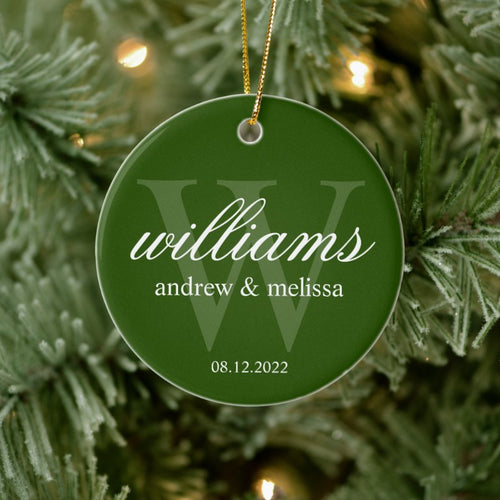 Personalized Green And White Monogram Ceramic Ornament