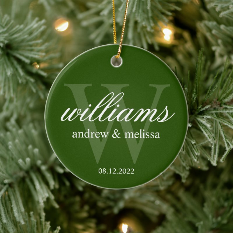 Personalized Green And White Monogram Ceramic Ornament