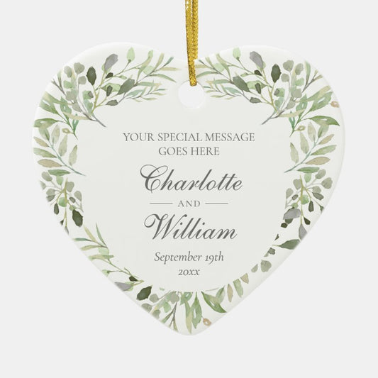 Personalized Monogram Greenery Wedding Ceramic Ornament