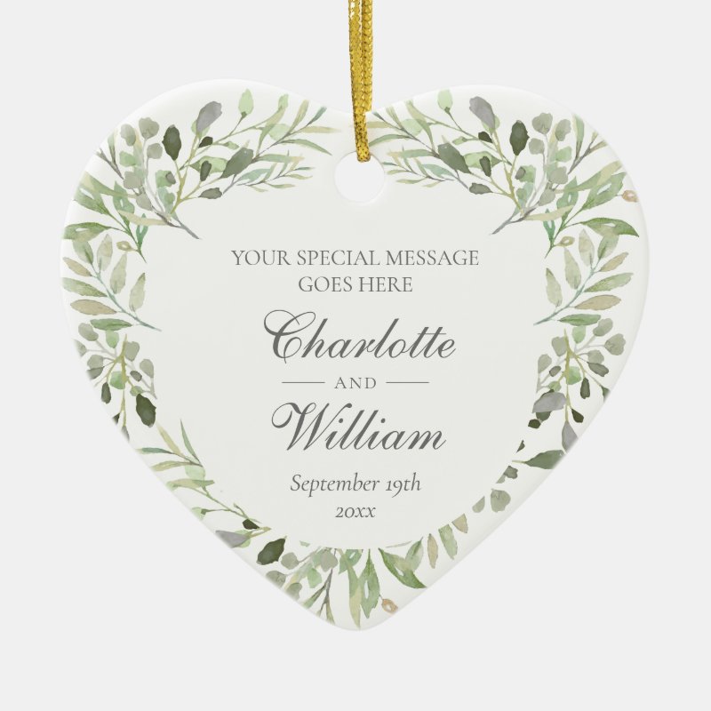 Personalized Monogram Greenery Wedding Ceramic Ornament