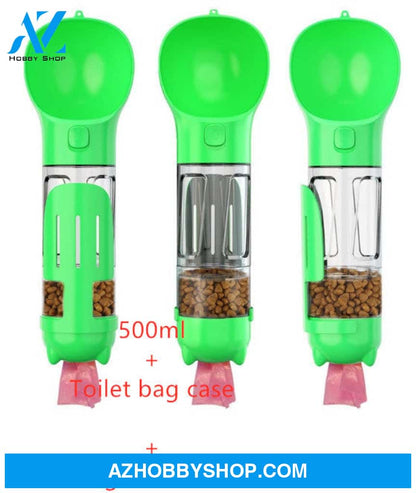 Pet Water Bottle Feeder Bowl Garbage Bag Storage Portable Outdoor Travel 3 In 1 Dog Green / 500Mlset