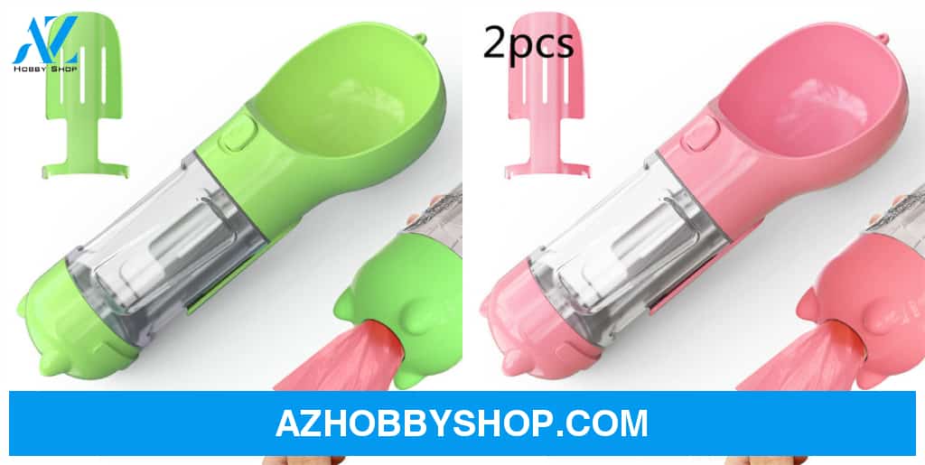 Pet Water Bottle Feeder Bowl Garbage Bag Storage Portable Outdoor Travel 3 In 1 Dog Greenpink2Pcs /