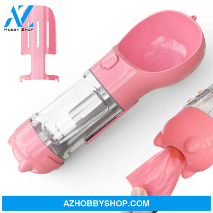 Pet Water Bottle Feeder Bowl Garbage Bag Storage Portable Outdoor Travel 3 In 1 Dog Pink / 300Ml